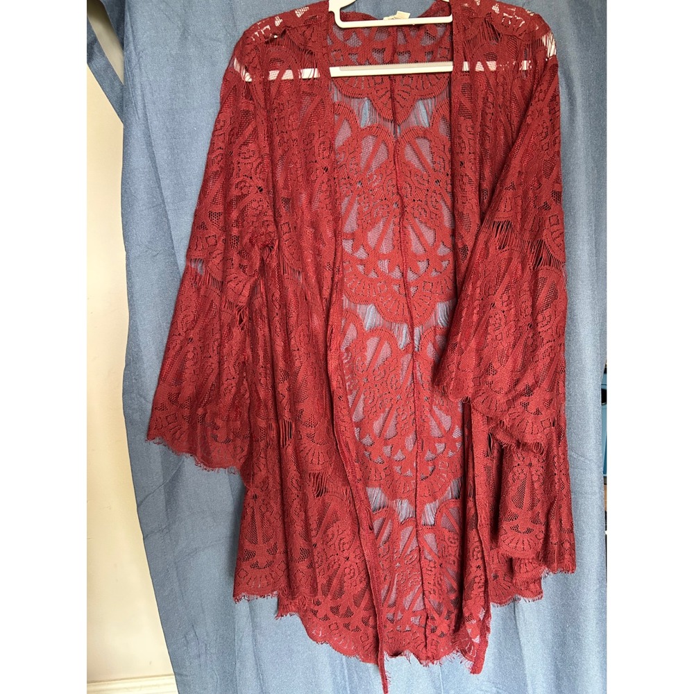 Burgundy Lace Kimono Women 1X Sheer Open Front Boho Layering Cardigan